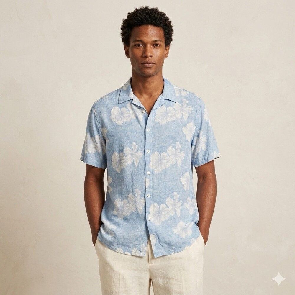 ENDLESS SUMMER Men’s Medium Rayon Blue Hawaiian Hibiscus Shirt Button Up Aloha